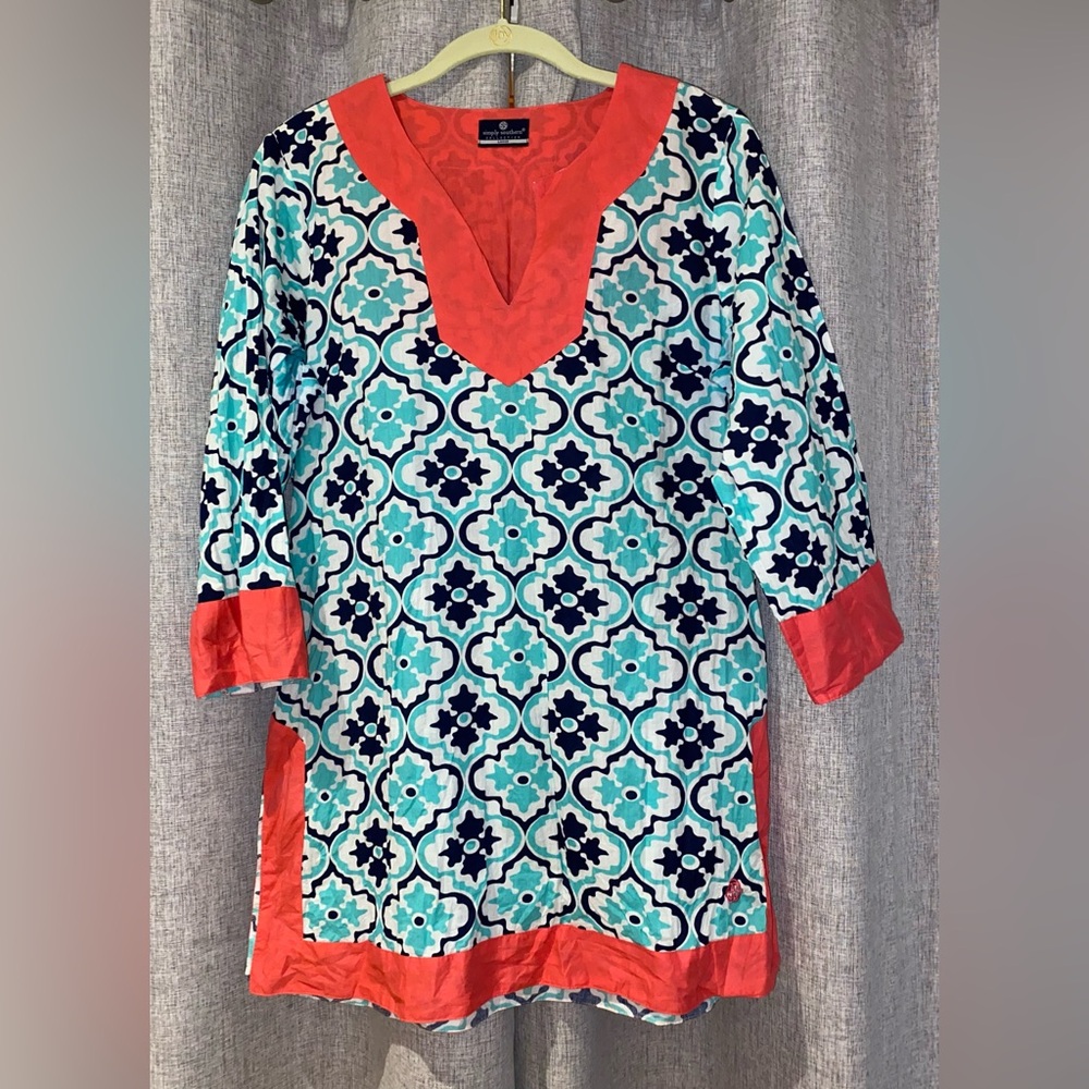 Simply Southern Blue Coral Pink Geometric Flower Print Tunic Top